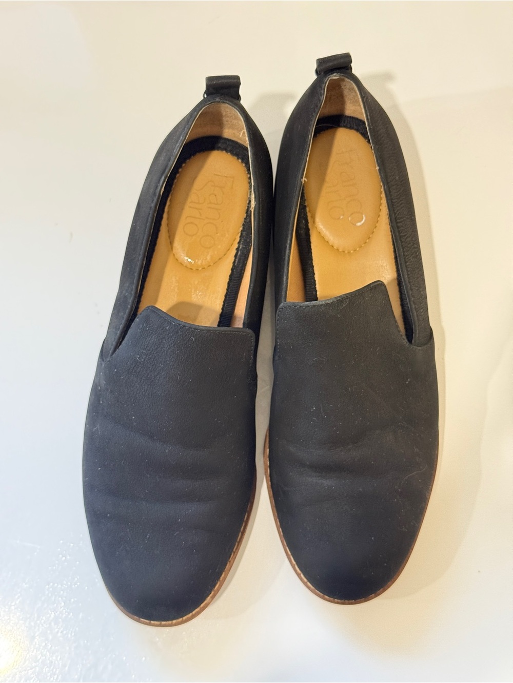 Franco Sarto Black Slip-On Loafers with Tan Insole Accents